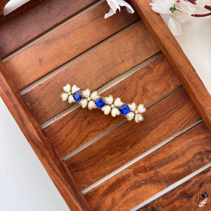 Royal Blue Floral Kundan Traditional Center Hair Clip