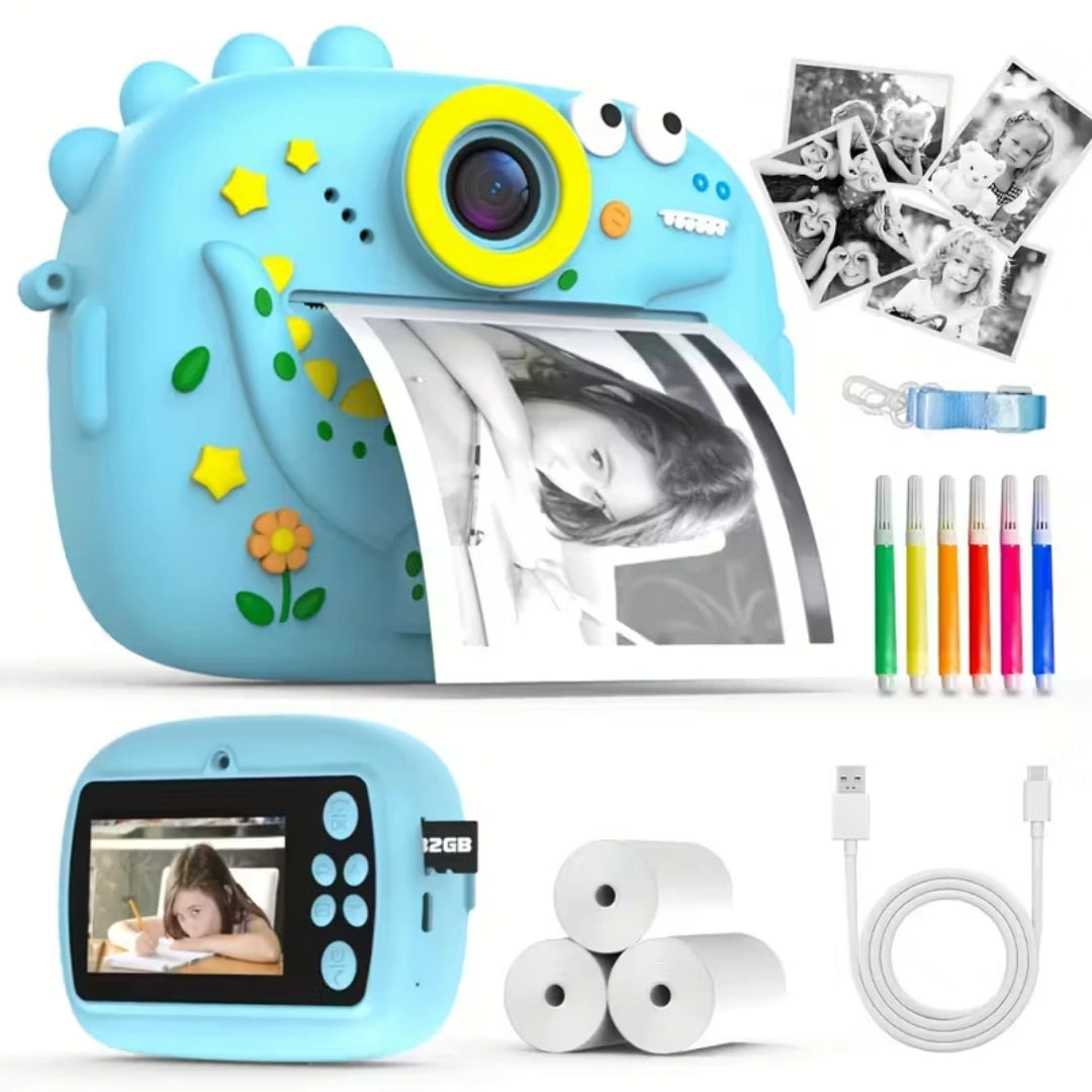 Cute Little Dinosaur Shape Instant Print Camera, 1080P HD Dual-Lens Camera Instant Print, Comes with 3 Rolls of Printing Paper, 6 Colored Pens, Rechargeable Battery, Ideal Gift for 3-14 Year Old Boys And Girls