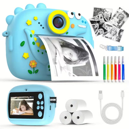 Cute Little Dinosaur Shape Instant Print Camera, 1080P HD Dual-Lens Camera Instant Print, Comes with 3 Rolls of Printing Paper, 6 Colored Pens, Rechargeable Battery, Ideal Gift for 3-14 Year Old Boys And Girls