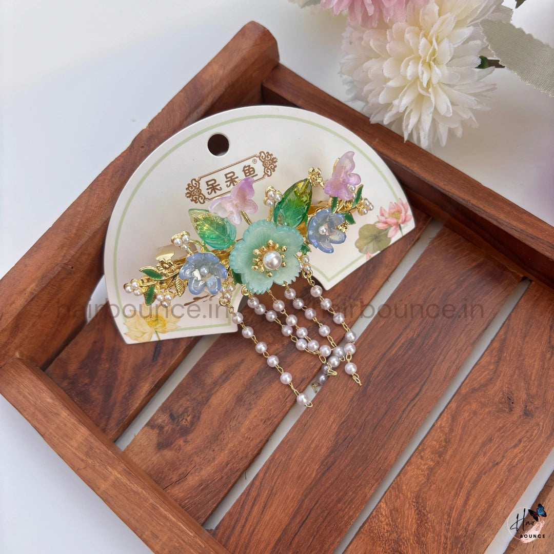 Enchanted Garden Pearl Drop Hair Claw – Luxury Floral Butterfly Hanging Clip