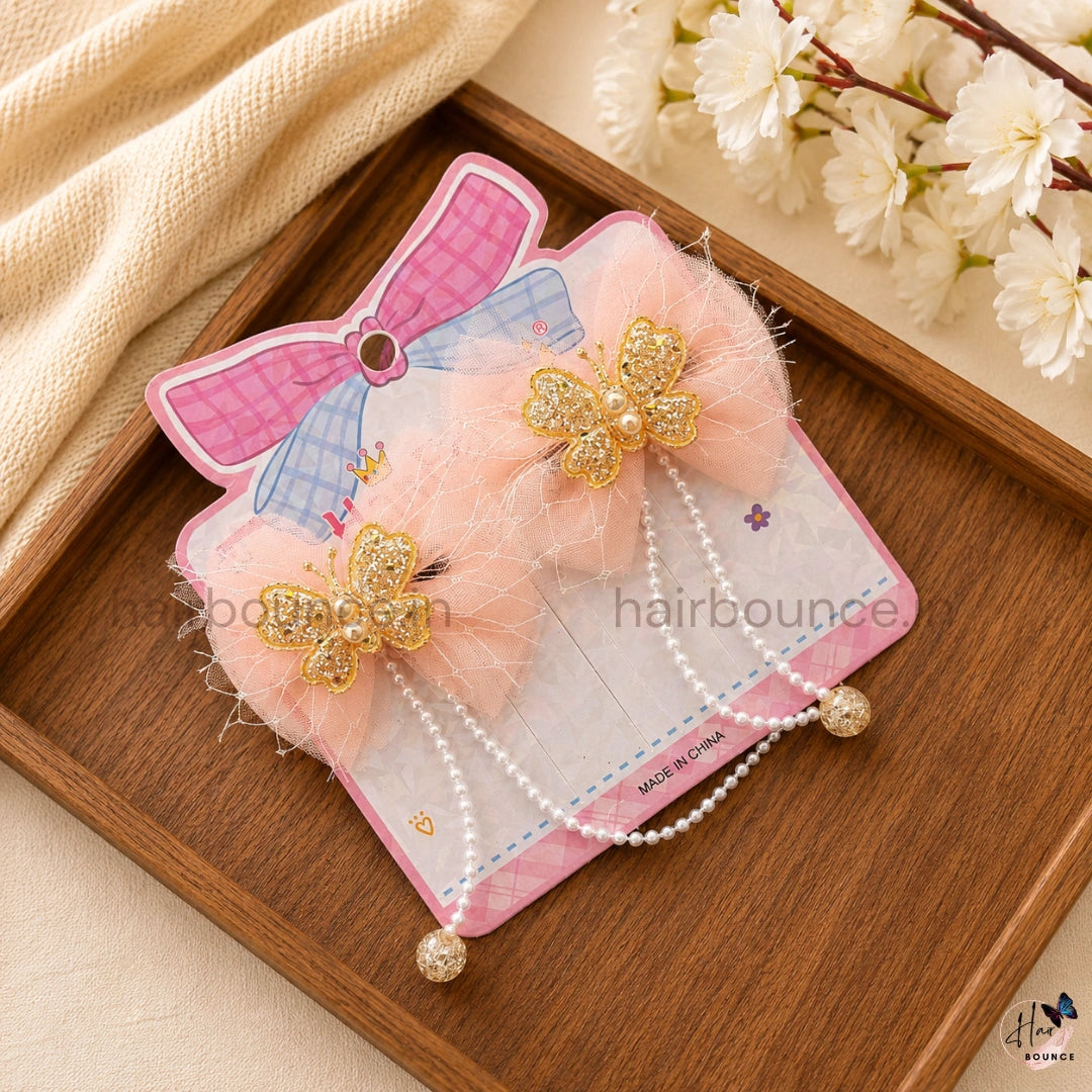 Butterfly Bow Kids Hair Clips with Pearl Hangings – Pack of 2