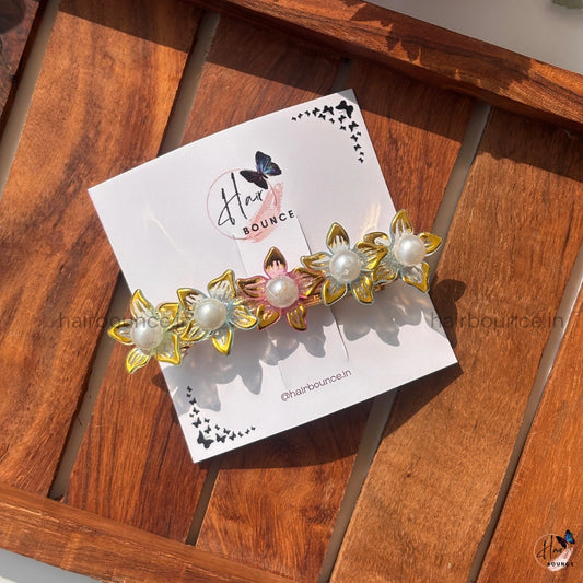 Golden Pearl Bloom Floral Center Hair Clip