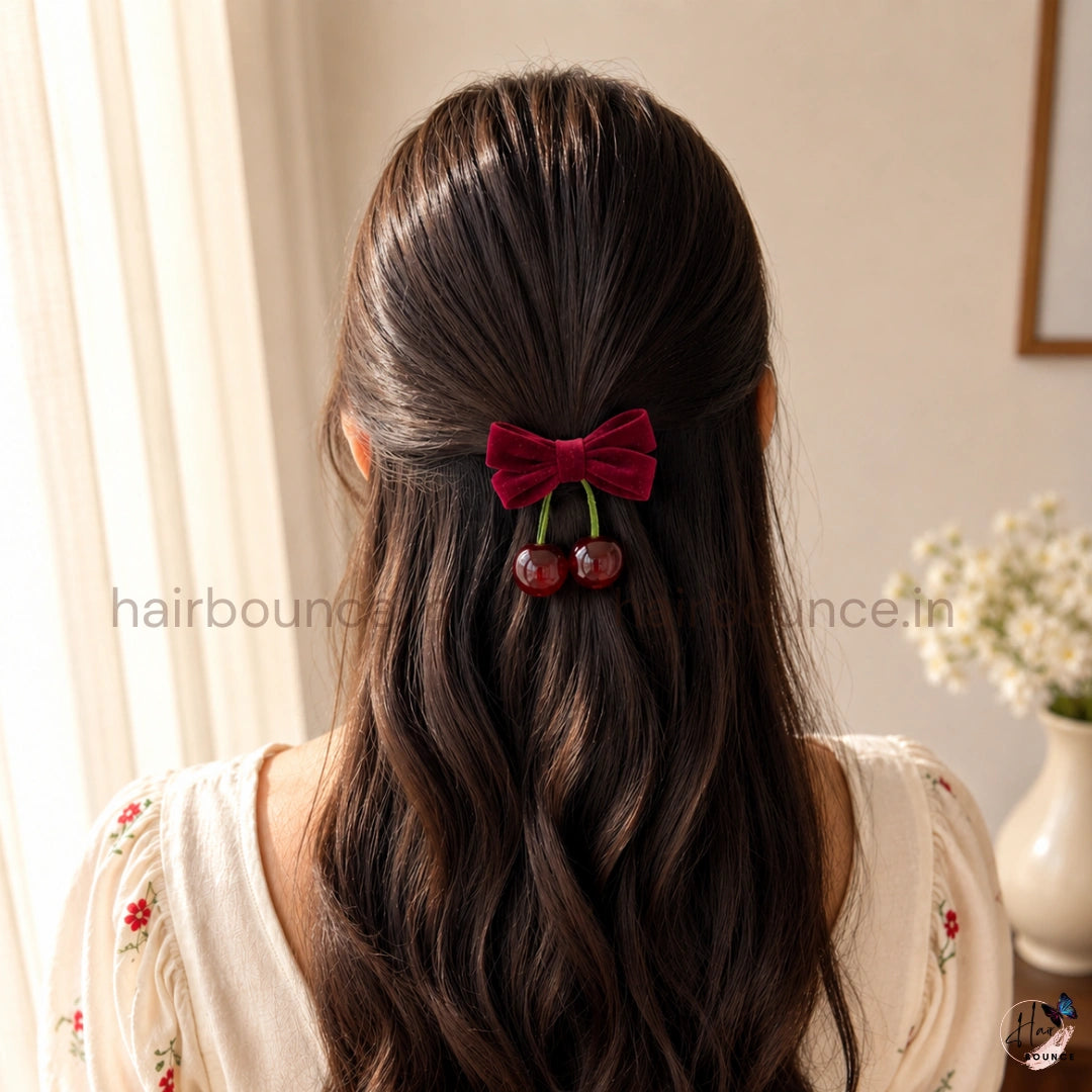 Velvet Cherry Bow Ponytail Holder – Maroon