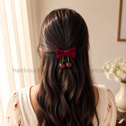 Velvet Cherry Bow Ponytail Holder – Maroon