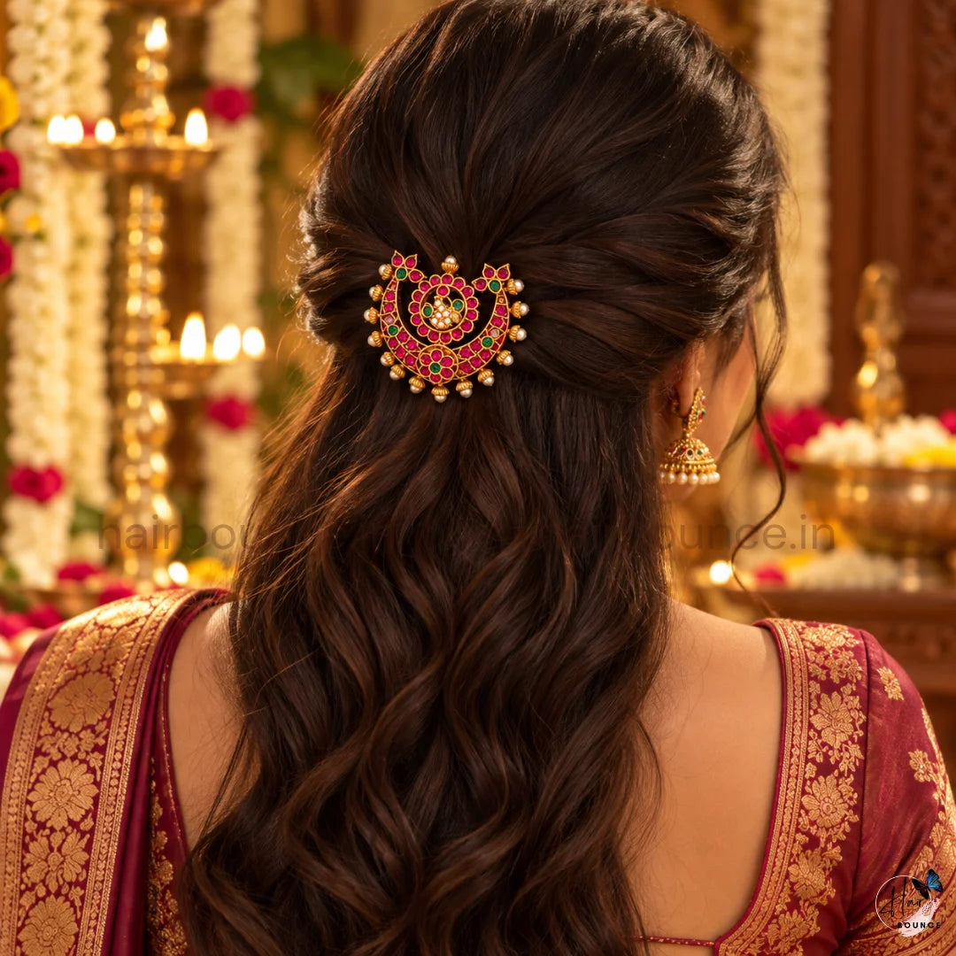 Chandrika Peacock Kemp Hair Clip with Pearls