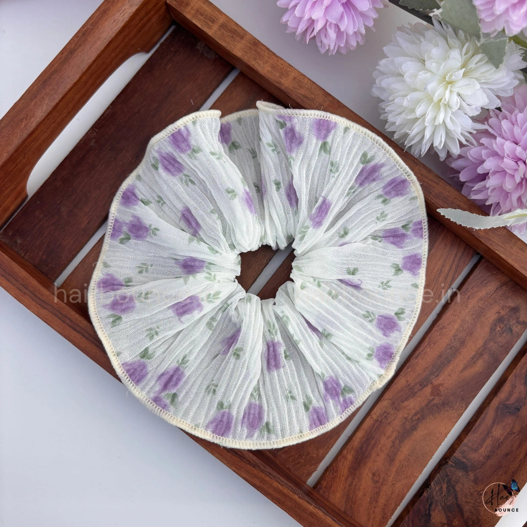 Blooming Petals Pleated Scrunchie for Women & Girls | Floral Chiffon Hair Tie