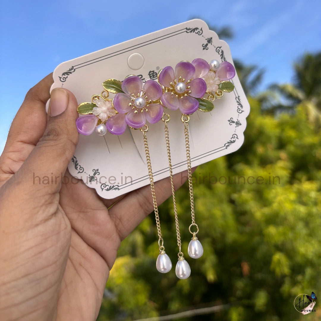 Double Cherry Blossom Pearl Tassel Hair Clip with Dangling Chains
