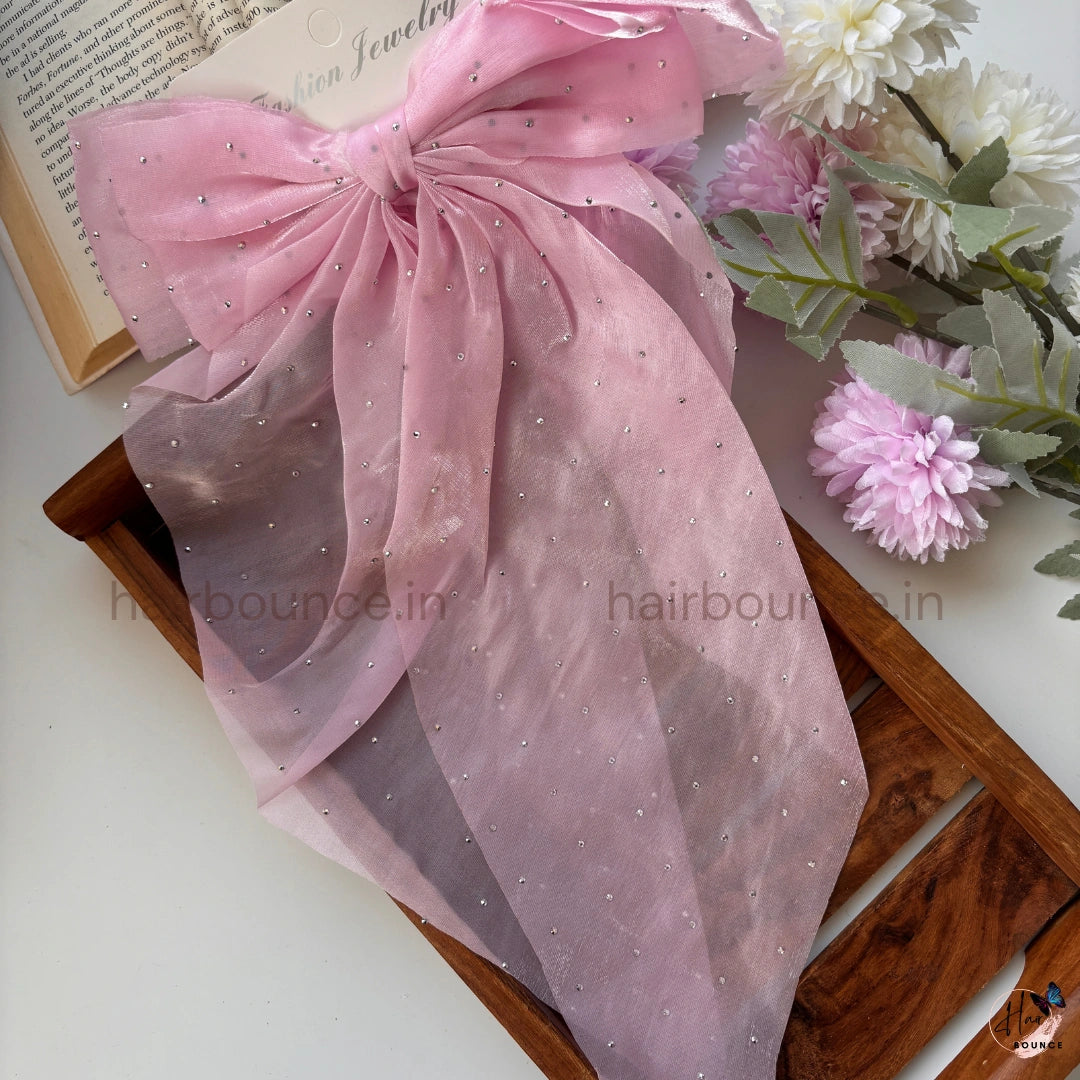 Elegant Rhinestone Sheer Bow Hair Clip – Oversized Statement Ribbon Bow