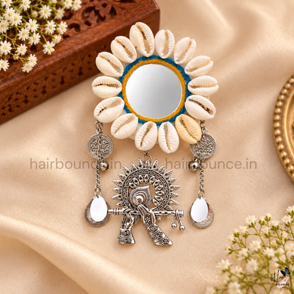 Navaratri Cowrie Shell Mirror Hair Brooch with Krishna Charm