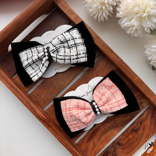 Tweed Pearl Bow Hair Clip