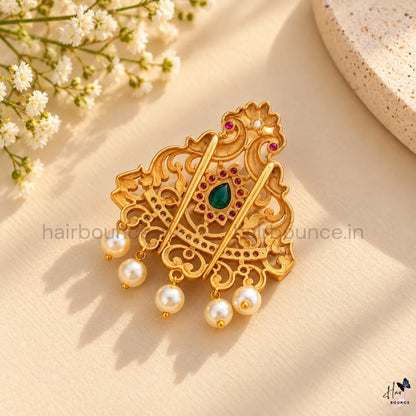 Royal Mayuri Peacock Kemp Jada Billa with Pearl Hangings – 2 Sizes