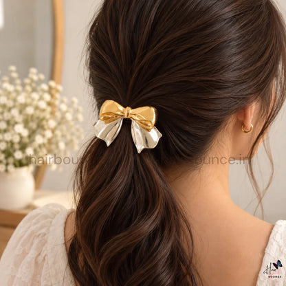 Elegant Dual Tone Metal Bow Ponytail Holder – Gold & Silver