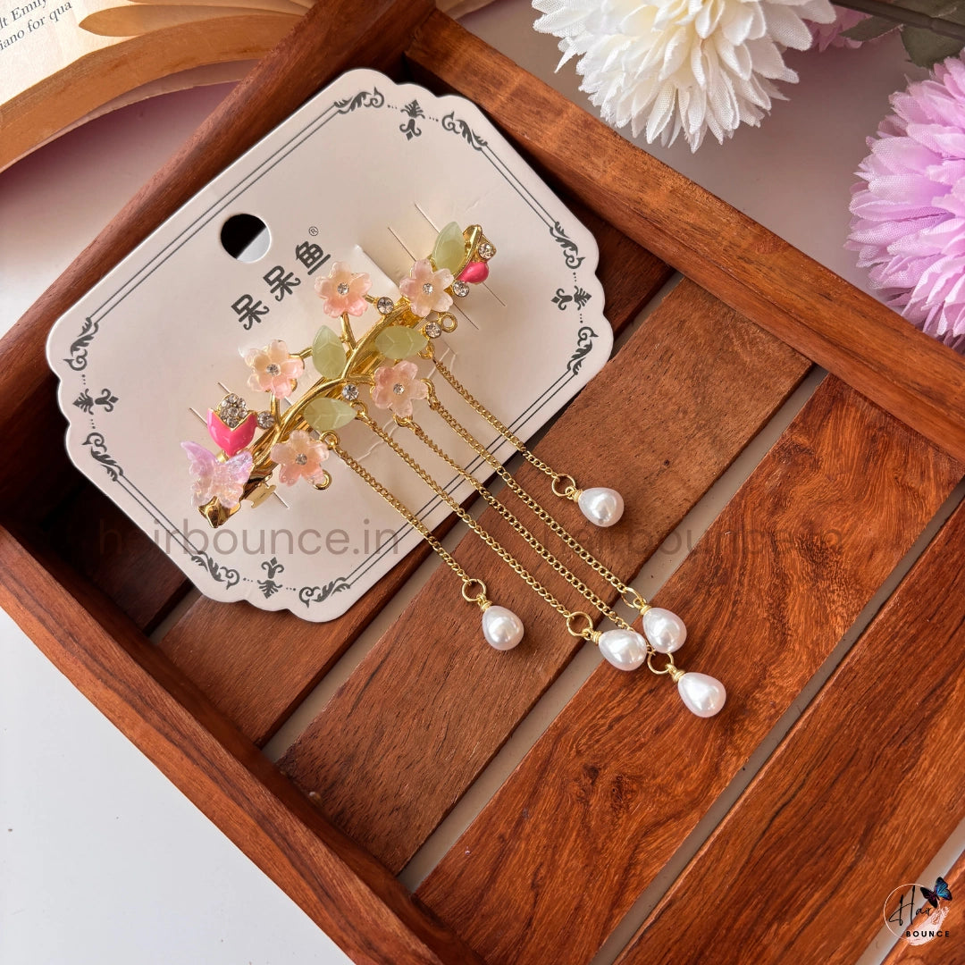 Celestial Blossom Pearl Tassel Hair Clip – Elegant Floral Dangle Barrette
