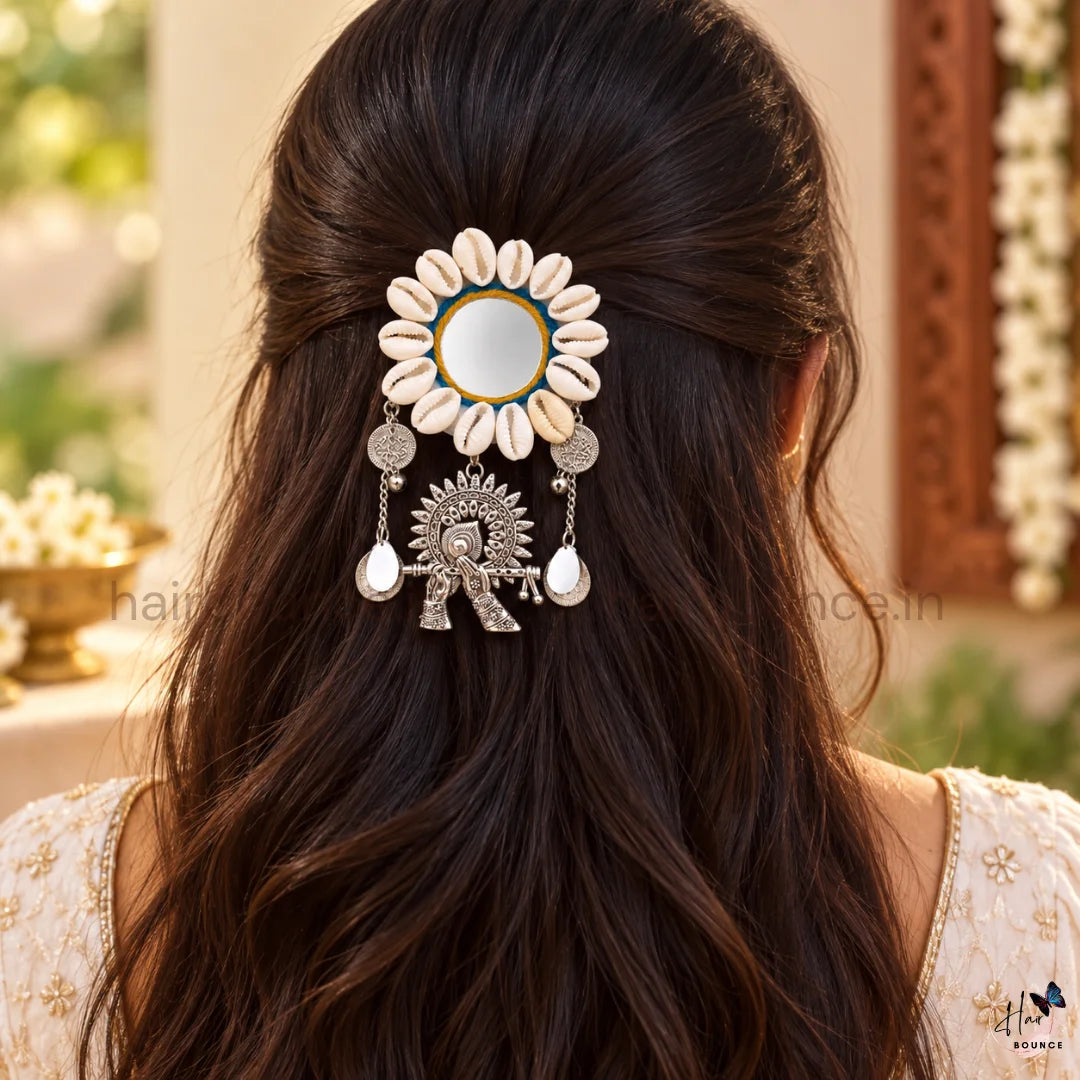 Navaratri Cowrie Shell Mirror Hair Brooch with Krishna Charm