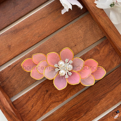Peach Orange Floral Pearl Center Hair Clip