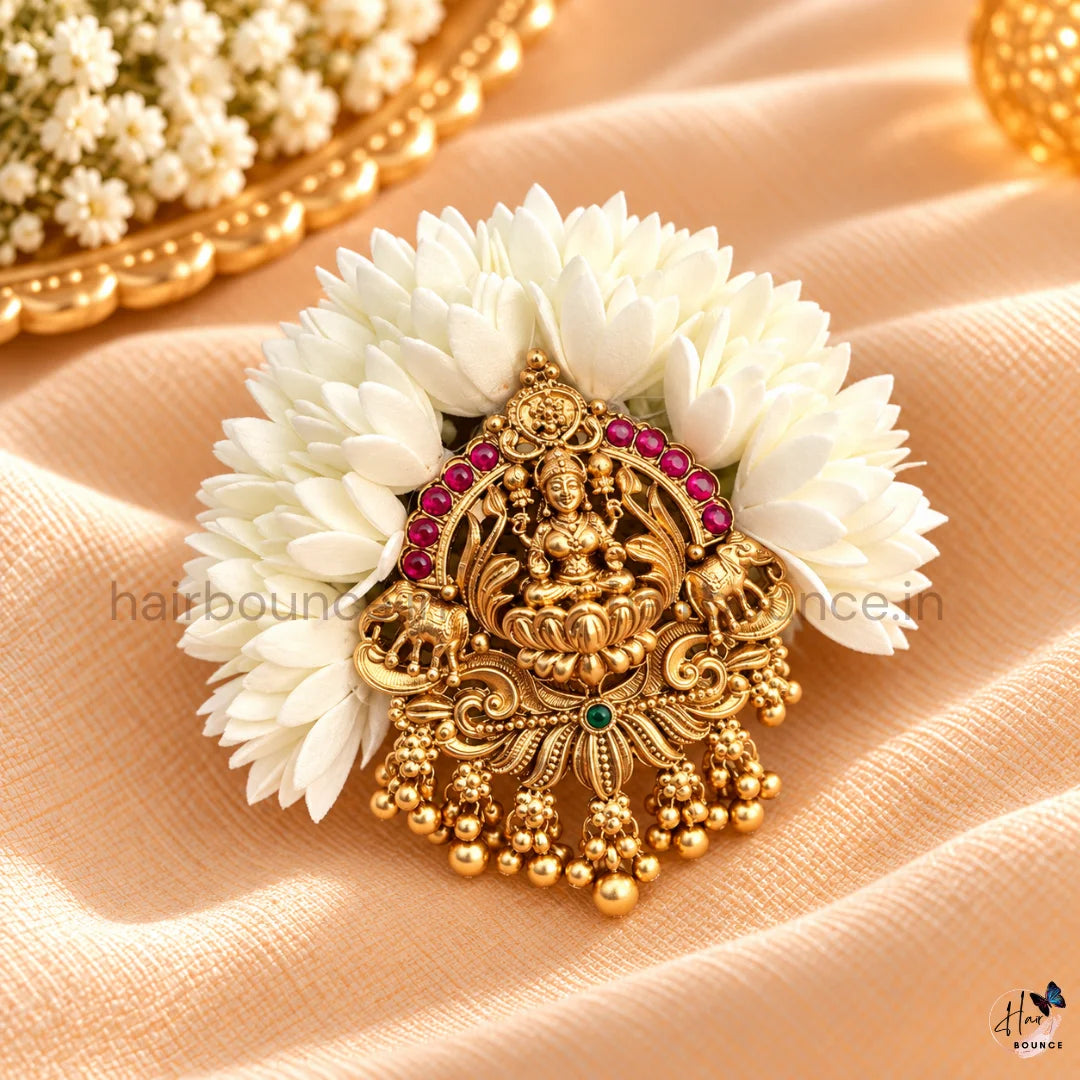 Mullai Lakshmi Temple Hair Clip with Gold Bead Hangings