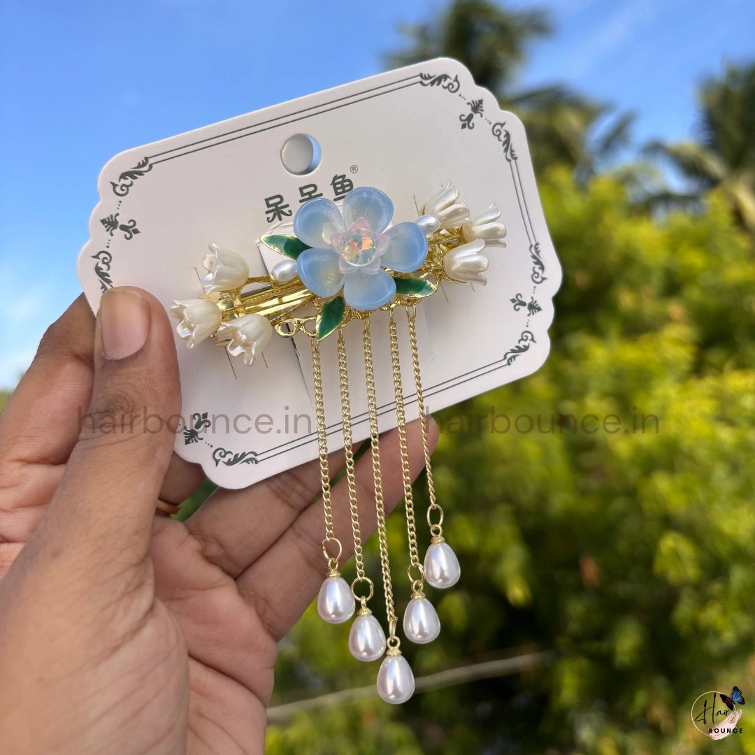 Crystal Lotus Blossom Pearl Tassel Hair Clip with Dangling Chains