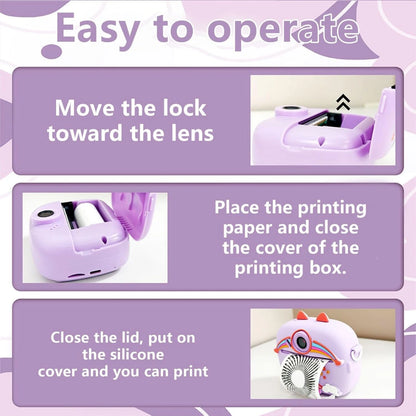 Cute Little Dinosaur Shape Instant Print Camera, 1080P HD Dual-Lens Camera Instant Print, Comes with 3 Rolls of Printing Paper, 6 Colored Pens, Rechargeable Battery, Ideal Gift for 3-14 Year Old Boys And Girls
