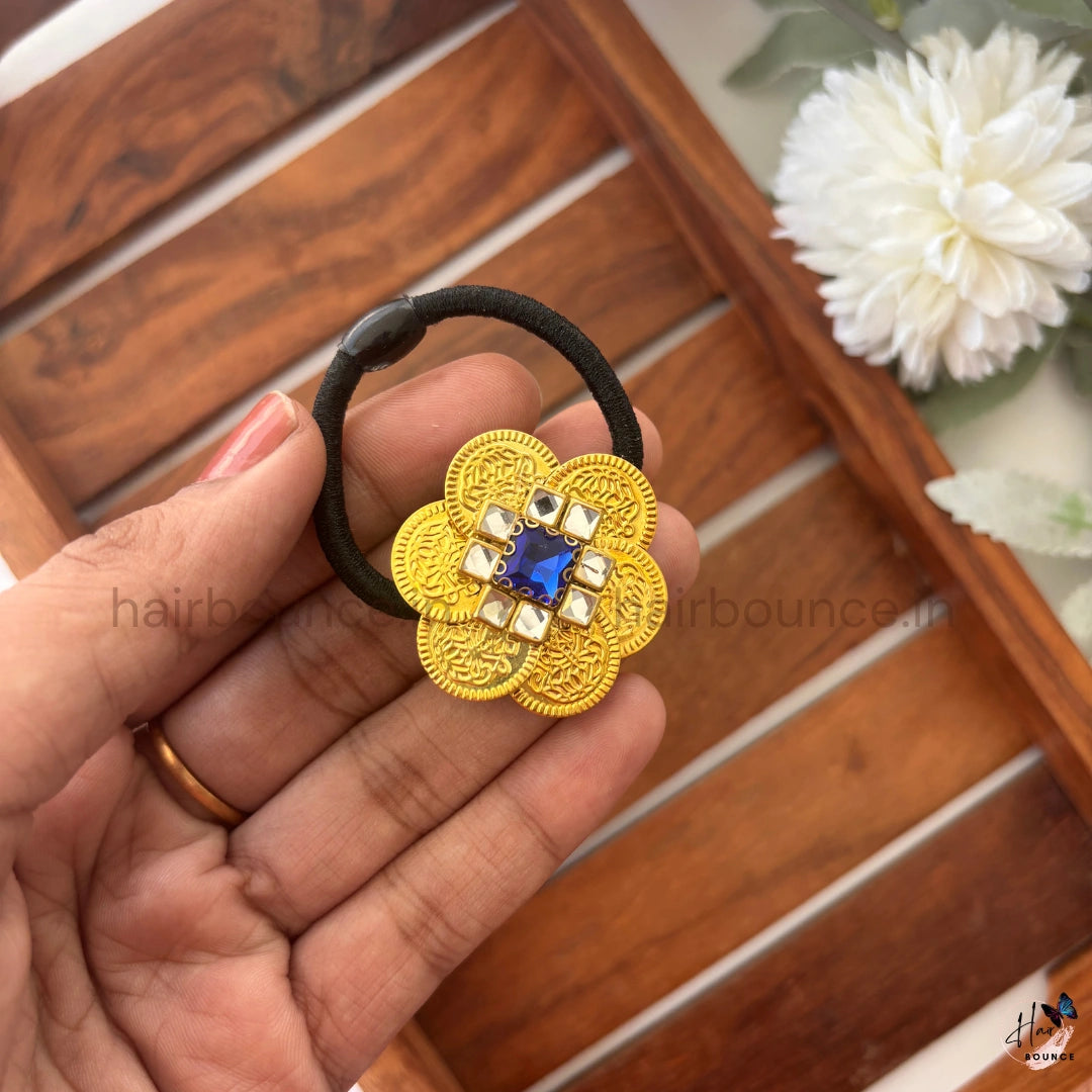 Royal Blue Kundan Floral Hair Tie