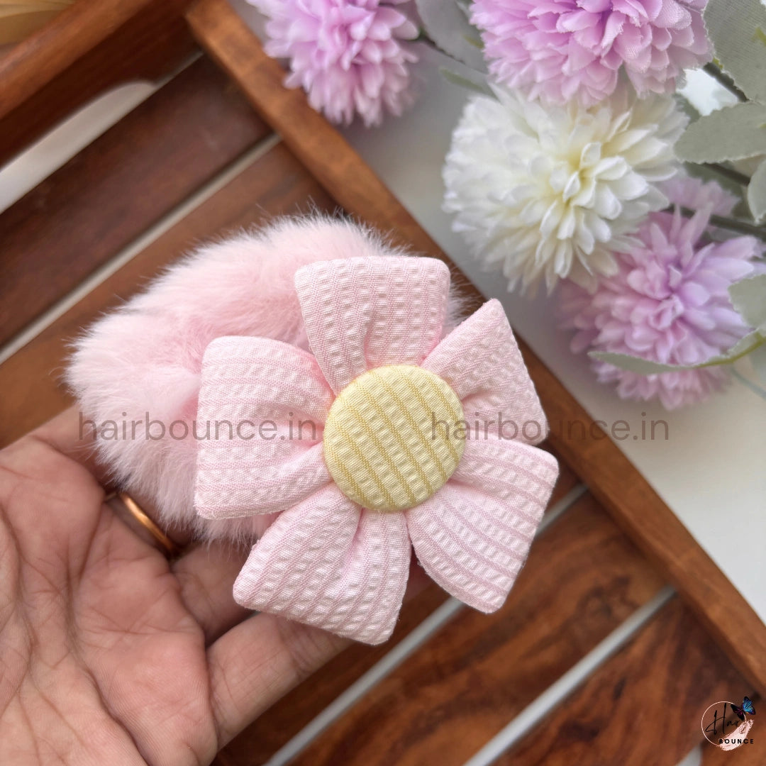 Fluffy Daisy Fur Scrunchie | Soft Plush Floral Hair Tie for Women & Girls