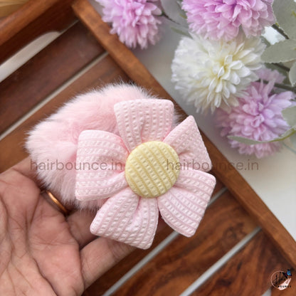 Fluffy Daisy Fur Scrunchie | Soft Plush Floral Hair Tie for Women & Girls