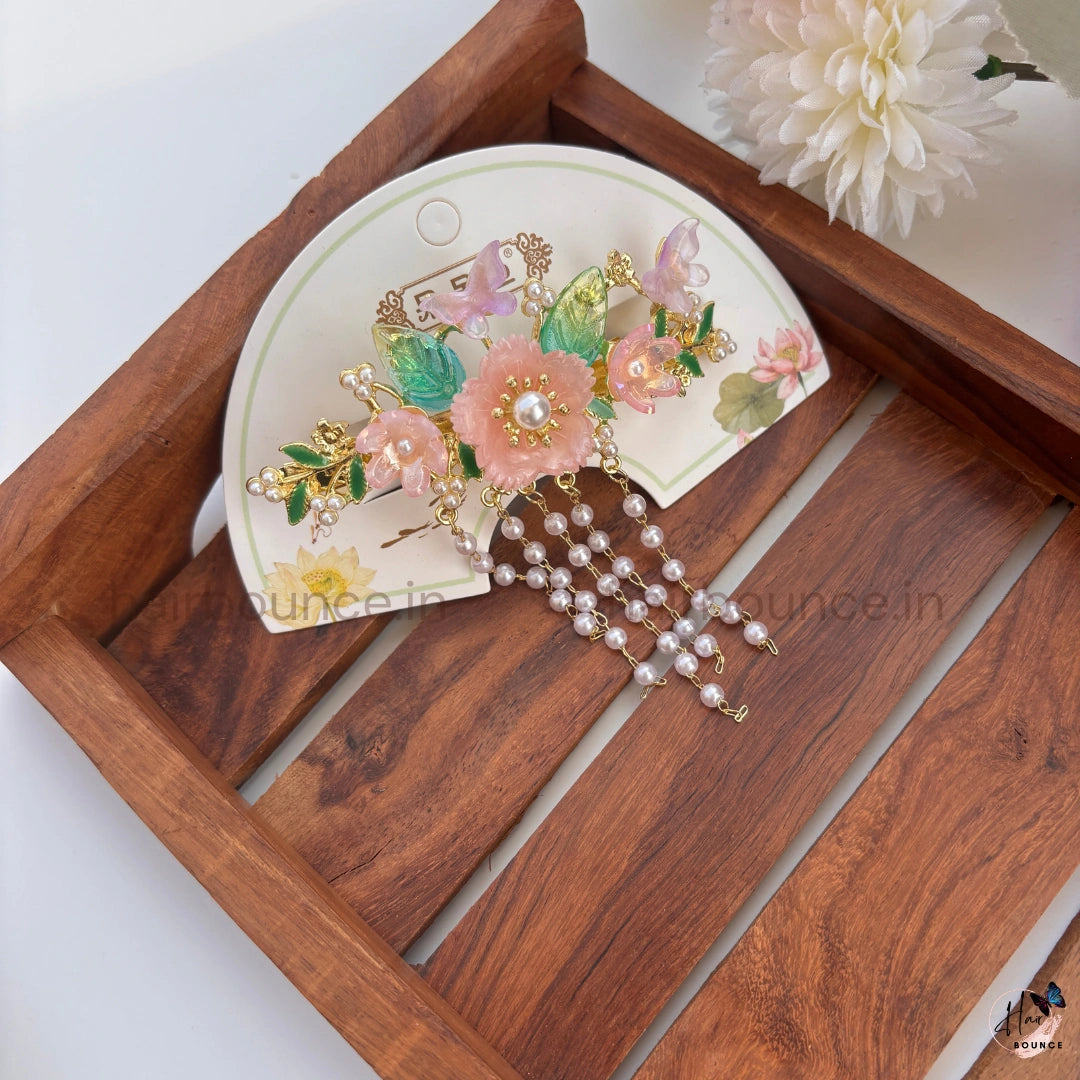 Enchanted Garden Pearl Drop Hair Claw – Luxury Floral Butterfly Hanging Clip