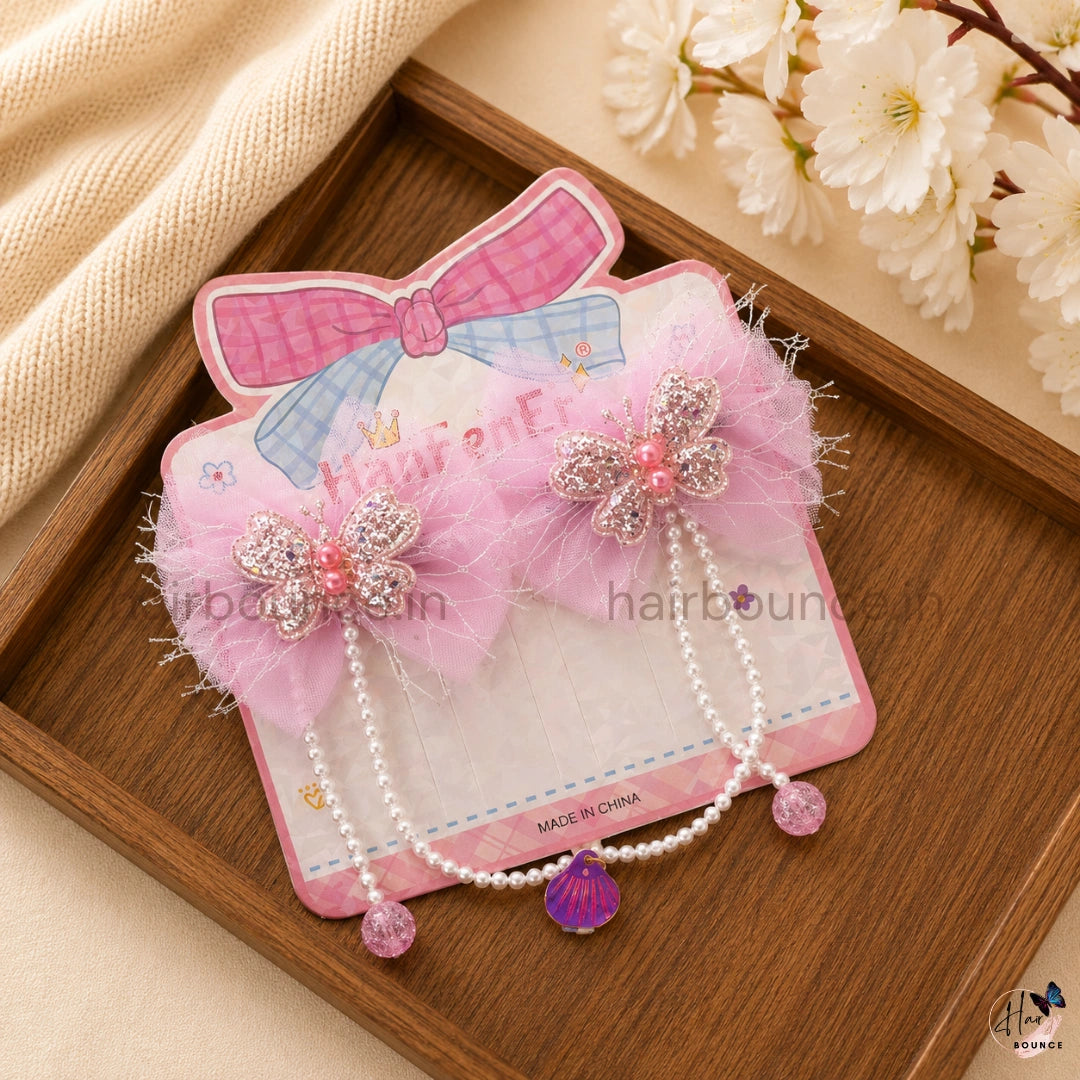 Butterfly Bow Kids Hair Clips with Pearl Hangings – Pack of 2