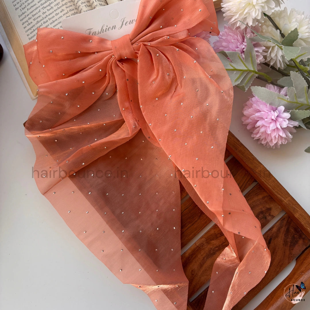 Elegant Rhinestone Sheer Bow Hair Clip – Oversized Statement Ribbon Bow