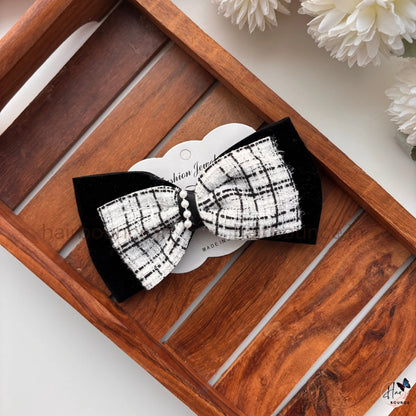 Tweed Pearl Bow Hair Clip