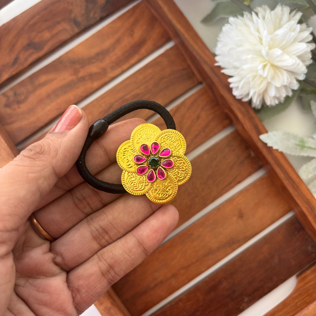 Pink & Green Kundan Floral Hair Tie