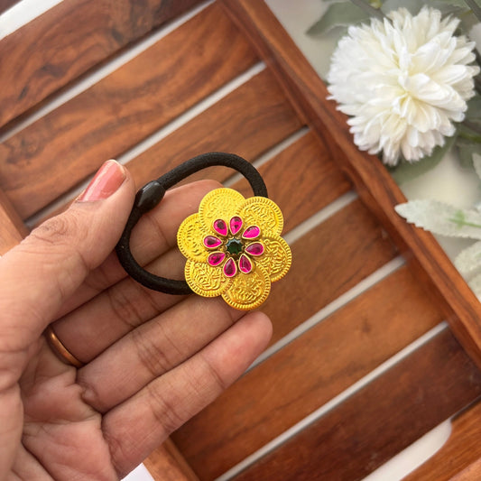 Pink & Green Kundan Floral Hair Tie