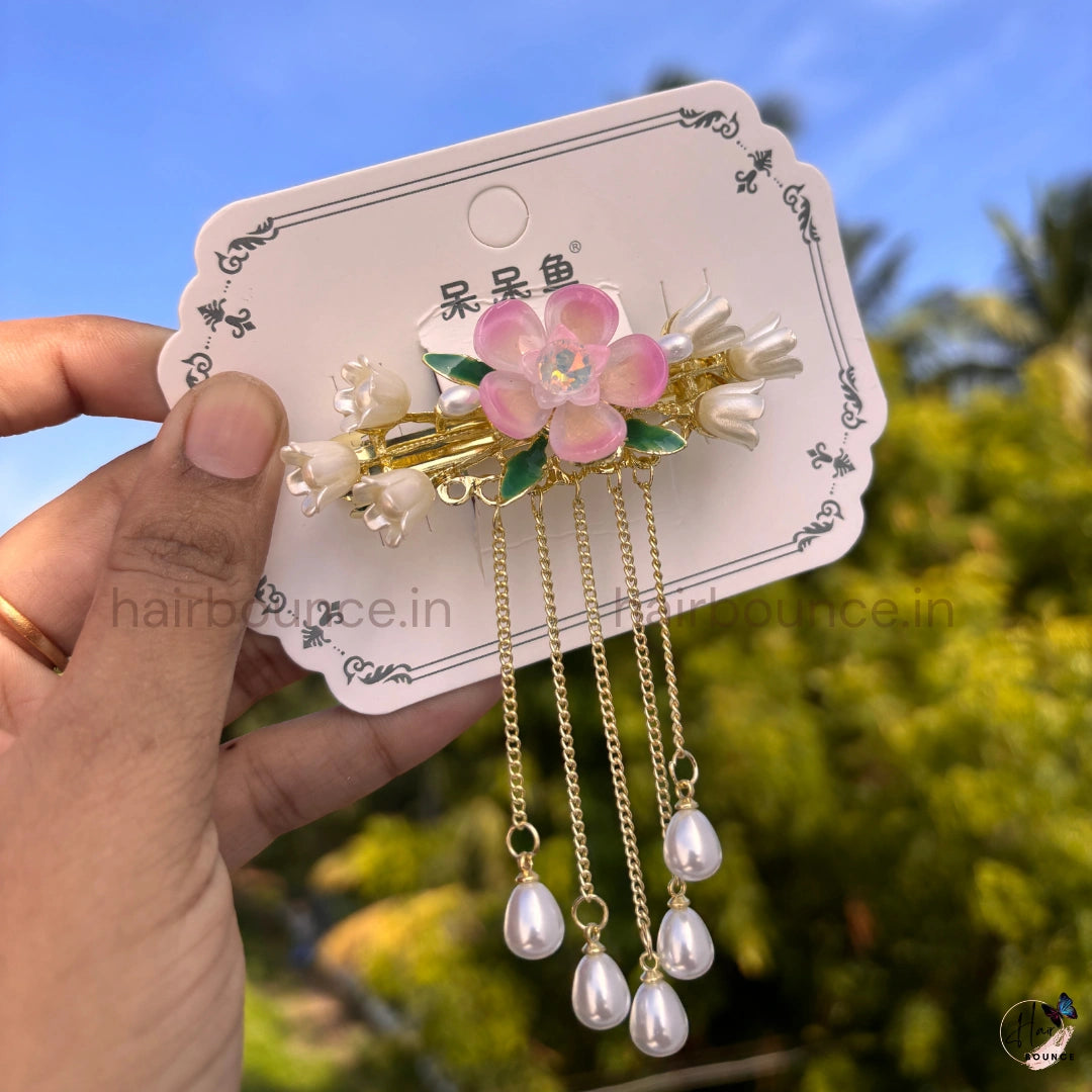 Crystal Lotus Blossom Pearl Tassel Hair Clip with Dangling Chains