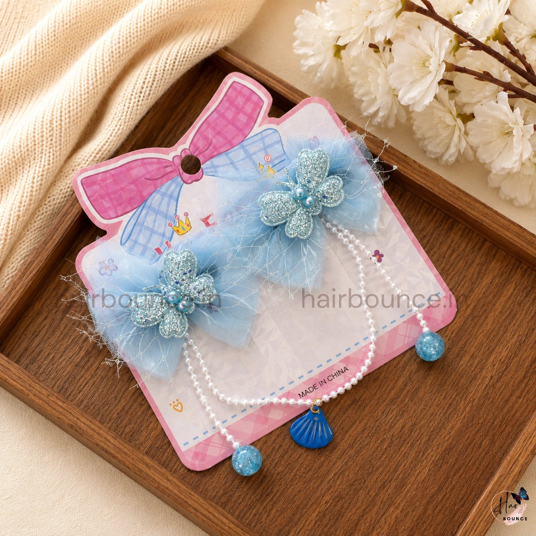 Butterfly Bow Kids Hair Clips with Pearl Hangings – Pack of 2