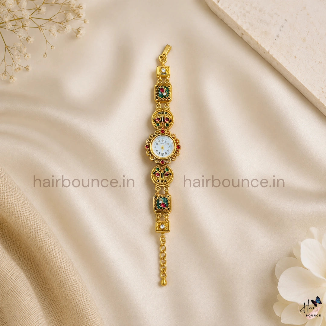 Heritage Floral Kundan Bracelet Watch – Traditional Antique Gold Ethnic Watch for Women
