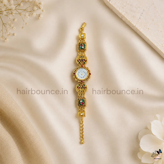 Heritage Floral Kundan Bracelet Watch – Traditional Antique Gold Ethnic Watch for Women
