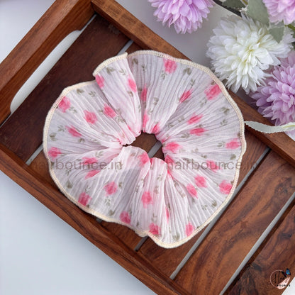 Blooming Petals Pleated Scrunchie for Women & Girls | Floral Chiffon Hair Tie