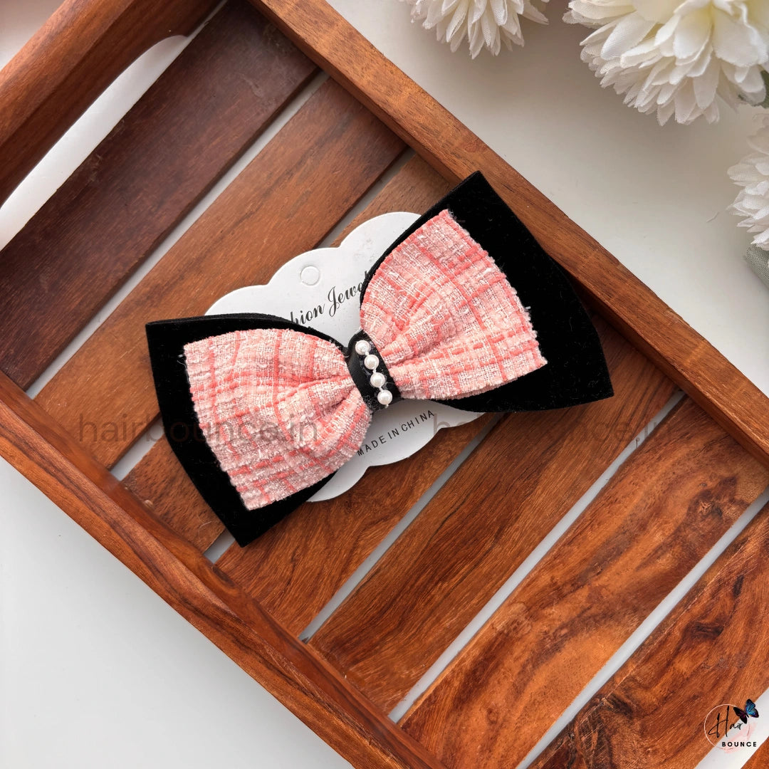 Tweed Pearl Bow Hair Clip
