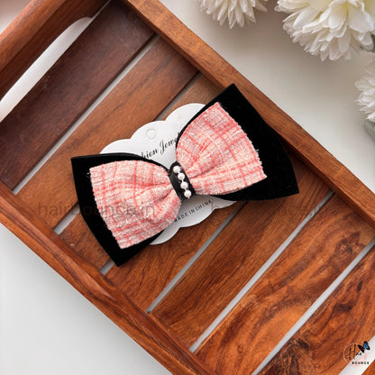 Tweed Pearl Bow Hair Clip