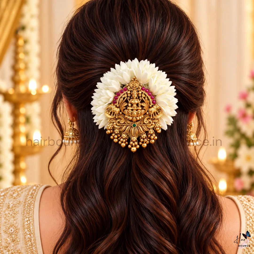 Mullai Lakshmi Temple Hair Clip with Gold Bead Hangings