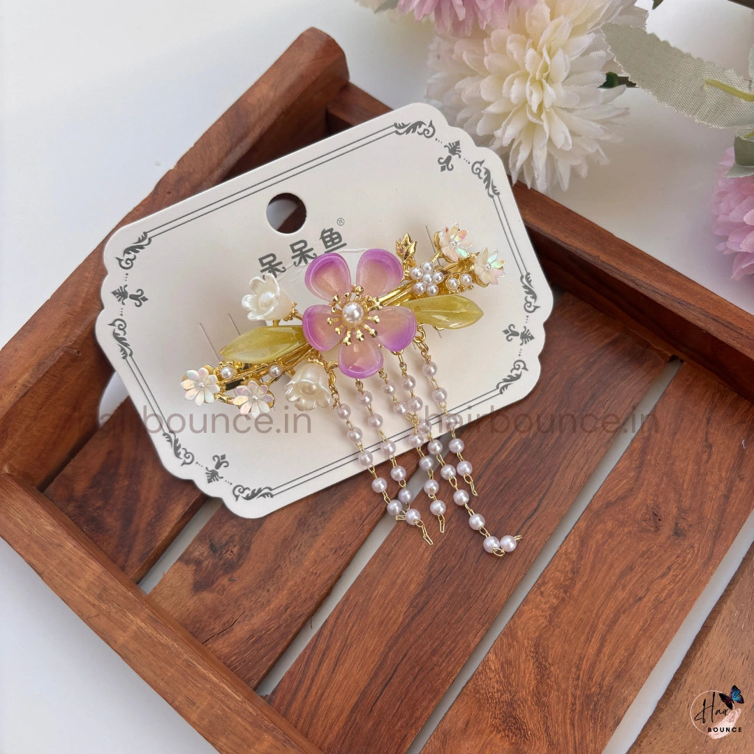 Blossom Pearl Drop Hair Barrette – Luxury Floral Hanging Clip