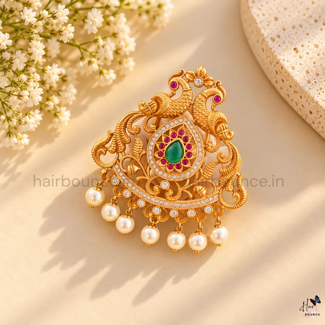 Royal Mayuri Peacock Kemp Jada Billa with Pearl Hangings – 2 Sizes