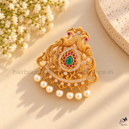 Royal Mayuri Peacock Kemp Jada Billa with Pearl Hangings – 2 Sizes