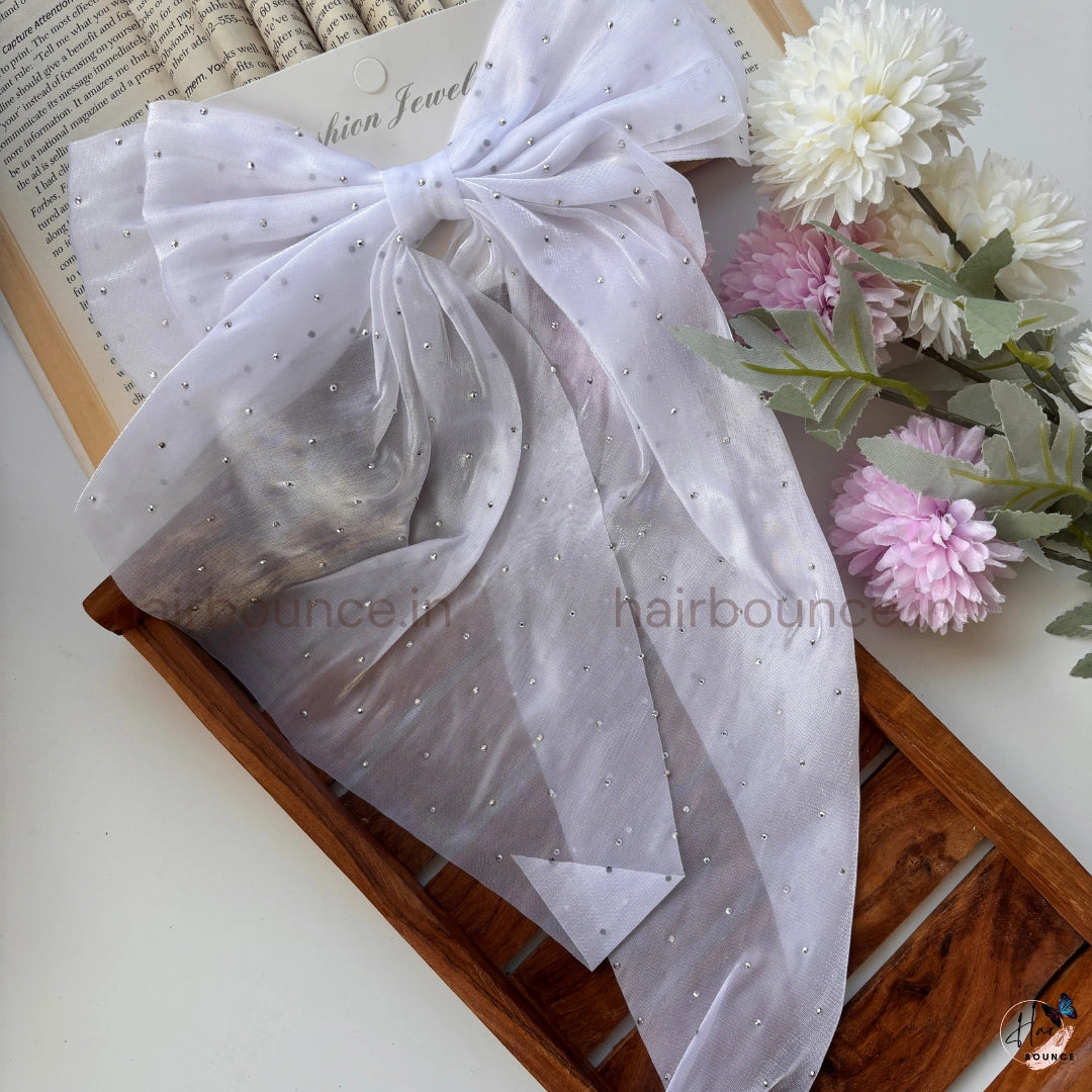Elegant Rhinestone Sheer Bow Hair Clip – Oversized Statement Ribbon Bow