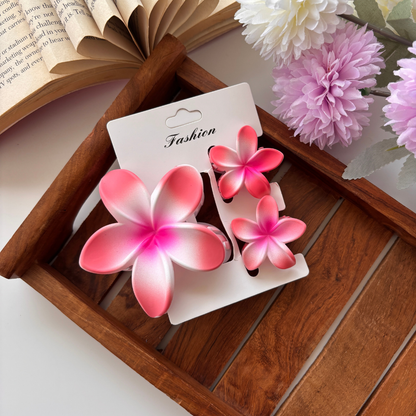 Soft Matte Plumeria Flower Hair Claw – Set of 3 (1 Large + 2 Small)