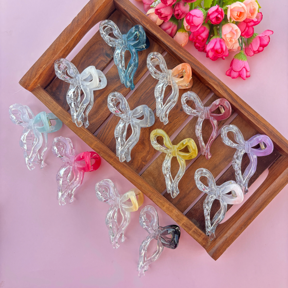 Glassy Coloured Single Bow Hair Claw - Medium