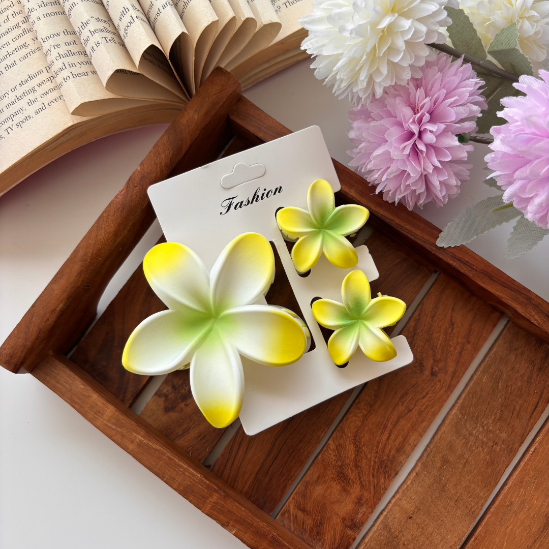 Soft Matte Plumeria Flower Hair Claw – Set of 3 (1 Large + 2 Small)