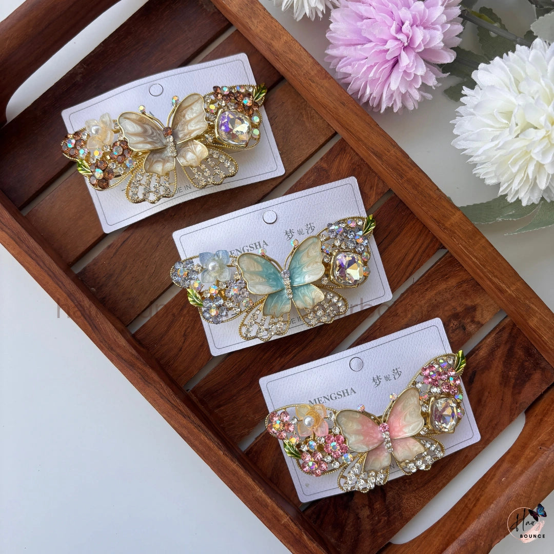 Enchanted Butterfly Crystal Hair Barrette – Pastel Rhinestone Designer Clip
