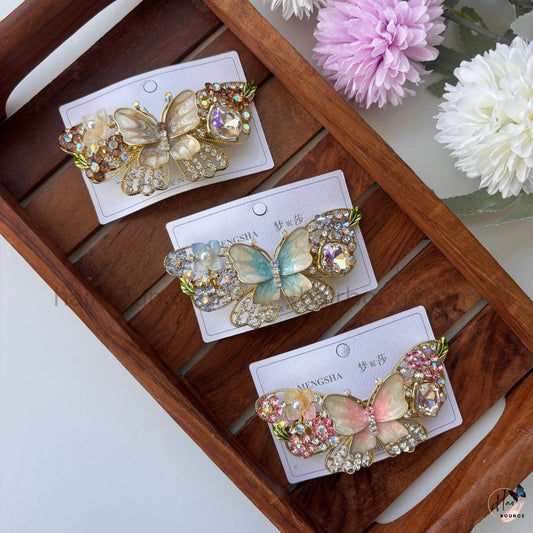 Enchanted Butterfly Crystal Hair Barrette – Pastel Rhinestone Designer Clip