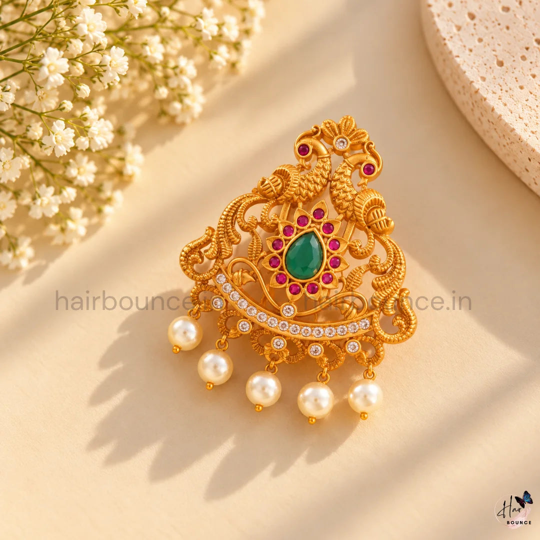 Royal Mayuri Peacock Kemp Jada Billa with Pearl Hangings – 2 Sizes