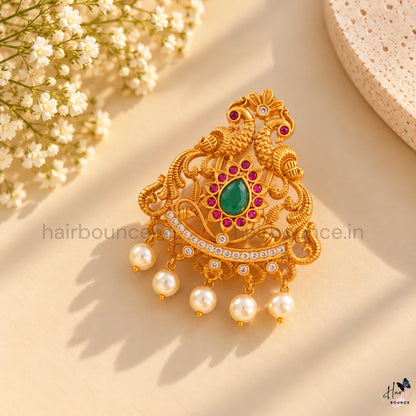 Royal Mayuri Peacock Kemp Jada Billa with Pearl Hangings – 2 Sizes